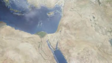 Dünyanın uzaydan şehire yakınlaşması. Üç boyutlu animasyon. İsrail 'in Jebalia şehrine yakınlaş. Video görüntülerini stokla. 4K