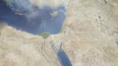 Dünyanın uzaydan şehire yakınlaşması. Üç boyutlu animasyon. İsrail 'in Han-Yunus şehrine yakınlaş. Video görüntülerini stokla. 4K