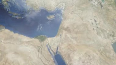 Dünyanın uzaydan şehire yakınlaşması. Üç boyutlu animasyon. İsrail 'in Petah Tikva şehrine yakınlaş. Video görüntülerini stokla. 4K