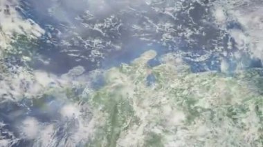 Dünyanın uzaydan şehire yakınlaşması. Üç boyutlu animasyon. Kanada 'nın Valledupar şehrine yakınlaş. Video görüntülerini stokla. 4K