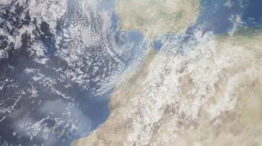 Dünyanın uzaydan şehire yakınlaşması. Üç boyutlu animasyon. Fas 'ın Kazablanka şehrine yakınlaş. Video görüntülerini stokla. 4K