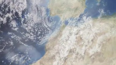 Dünyanın uzaydan şehire yakınlaşması. Üç boyutlu animasyon. Fas 'ın Rabat şehrine yakınlaş. Video görüntülerini stokla. 4K