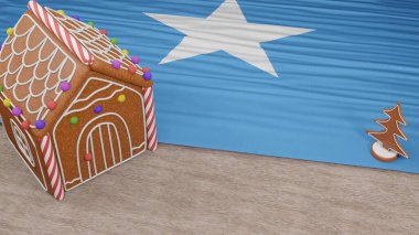 Masasında Somali bayrağı olan zencefilli kek evi.
