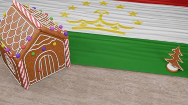 Masasında Tacikistan bayrağı olan zencefilli kurabiye evi.