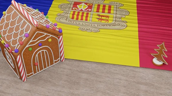 Masasında Andorra bayrağı olan zencefilli kurabiye evi.