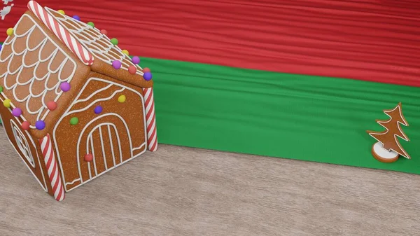 Masasında Belarus bayrağı olan zencefilli kurabiye evi.