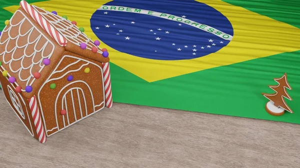 Masasında Brezilya Bayrağı Olan Zencefilli Kurabiye Evi — Stok fotoğraf