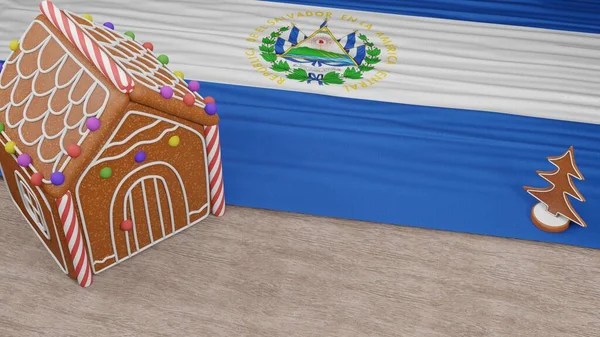 Masasında El Salvador bayrağı olan zencefilli kurabiye evi.