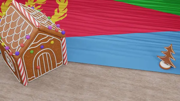Masasında Eritre bayrağı olan zencefilli kurabiye evi.