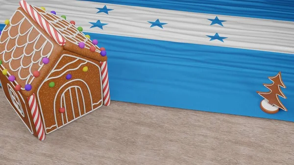 Masasında Honduras bayrağı olan zencefilli kurabiye evi.