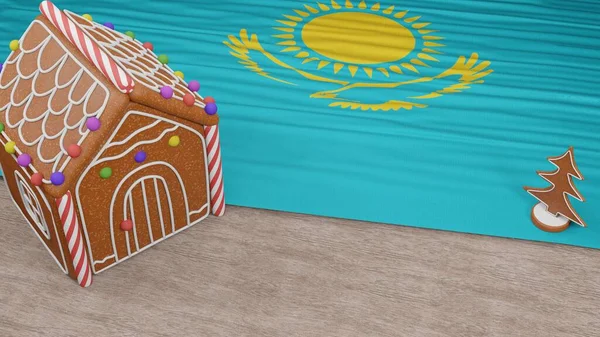 Masasında Kazakistan bayrağı olan zencefilli kurabiye evi.
