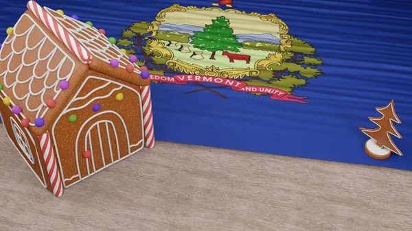 Masasında Vermont bayrağı olan zencefilli kurabiye evi.