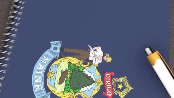 Cuaderno Con Bandera Maine Una Pluma Mentirosa — Vídeos de Stock