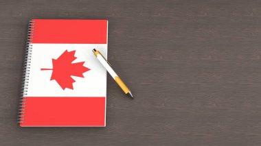 Kanada bayrağı ve yalancı bir kalemin olduğu bir defter.