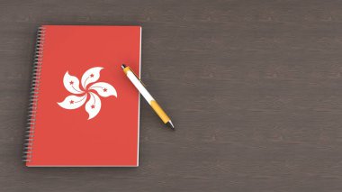 Hong Kong bayrağı ve yalancı bir kalemin olduğu bir defter.