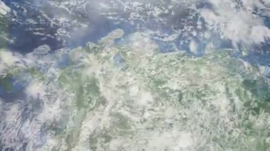 Dünyanın uzaydan şehire yakınlaşması. Üç boyutlu animasyon. Barinas, Venezuela 'ya yakınlaş. Video görüntülerini stokla. 4K