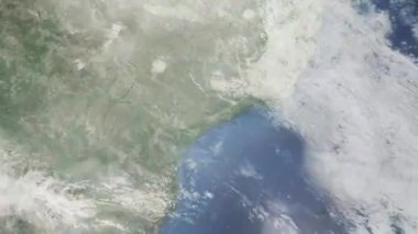 Dünyanın uzaydan şehire yakınlaşması. Üç boyutlu animasyon. Brezilya 'nın kentine zum yap. Video görüntülerini stokla. 4K