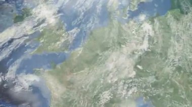 Dünyanın uzaydan şehire yakınlaşması. Üç boyutlu animasyon. Almanya 'nın Aachen şehrine yakınlaş. Video görüntülerini stokla. 4K