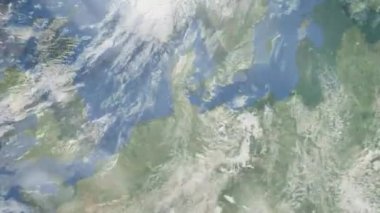 Dünyanın uzaydan şehire yakınlaşması. Üç boyutlu animasyon. Almanya 'nın Kiel şehrine yakınlaş. Video görüntülerini stokla. 4K