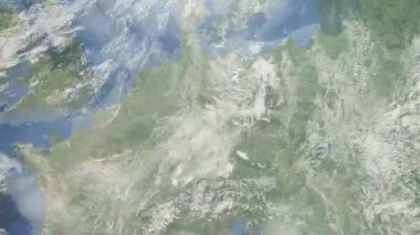 Dünyanın uzaydan şehire yakınlaşması. Üç boyutlu animasyon. Erfurt, Almanya 'ya yakınlaş. Video görüntülerini stokla. 4K