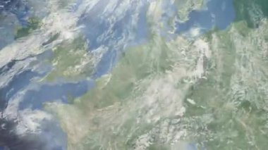 Dünyanın uzaydan şehire yakınlaşması. Üç boyutlu animasyon. Krefeld, Almanya 'ya yakınlaş. Video görüntülerini stokla. 4K