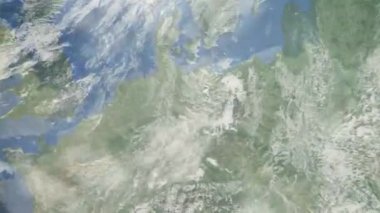 Dünyanın uzaydan şehire yakınlaşması. Üç boyutlu animasyon. Magdeburg, Almanya 'ya yakınlaş. Video görüntülerini stokla. 4K