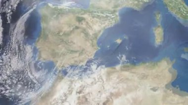 Dünyanın uzaydan şehire yakınlaşması. Üç boyutlu animasyon. İspanya 'nın Elche şehrini yakınlaştır. Video görüntülerini stokla. 4K