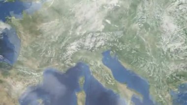 Dünyanın uzaydan şehire yakınlaşması. Üç boyutlu animasyon. İtalya 'nın Verona şehrini yakınlaştır. Video görüntülerini stokla. 4K