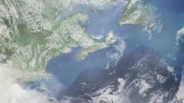 Dünyanın uzaydan şehire yakınlaşması. Üç boyutlu animasyon. Halifax, Kanada 'ya yakınlaş. Video görüntülerini stokla. 4K