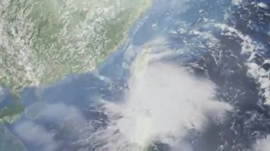 Dünyanın uzaydan şehire yakınlaşması. Üç boyutlu animasyon. Çin 'in Kaohsiung şehrine yakınlaş. Video görüntülerini stokla. 4K