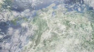 Dünyanın uzaydan şehire yakınlaşması. Üç boyutlu animasyon. Kolombiya, Bucaramanga şehrine yakınlaş. Video görüntülerini stokla. 4K