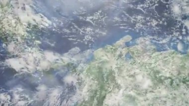 Dünyanın uzaydan şehire yakınlaşması. Üç boyutlu animasyon. Kolombiya 'daki Cartagena şehrine yakınlaş. Video görüntülerini stokla. 4K