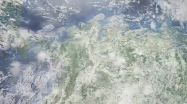 Dünyanın uzaydan şehire yakınlaşması. Üç boyutlu animasyon. Kolombiya, Cucuta şehrini yakınlaştır. Video görüntülerini stokla. 4K