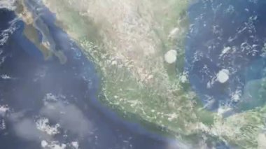 Dünyanın uzaydan şehire yakınlaşması. Üç boyutlu animasyon. Meksika 'daki Aguascalientes şehrine yakınlaş. Video görüntülerini stokla. 4K