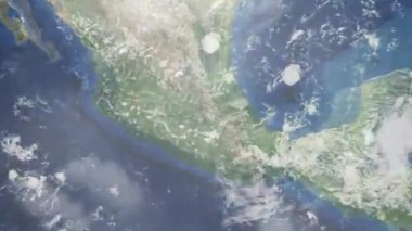 Dünyanın uzaydan şehire yakınlaşması. Üç boyutlu animasyon. Naucalpan, Meksika 'ya yakınlaş. Video görüntülerini stokla. 4K