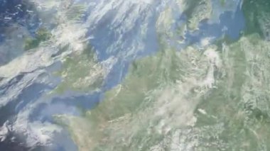 Dünyanın uzaydan şehire yakınlaşması. Üç boyutlu animasyon. Amersfoort, Hollanda 'ya yakınlaş. Video görüntülerini stokla. 4K