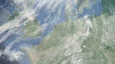 Dünyanın uzaydan şehire yakınlaşması. Üç boyutlu animasyon. Arnhem, Hollanda 'ya yakınlaş. Video görüntülerini stokla. 4K