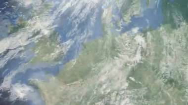 Dünyanın uzaydan şehire yakınlaşması. Üç boyutlu animasyon. Enschede, Hollanda 'ya yakınlaş. Video görüntülerini stokla. 4K