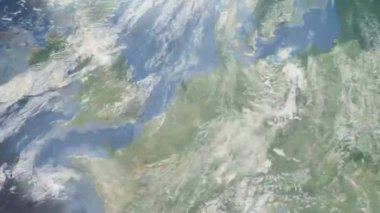 Dünyanın uzaydan şehire yakınlaşması. Üç boyutlu animasyon. Nijmegen, Hollanda 'ya yakınlaş. Video görüntülerini stokla. 4K