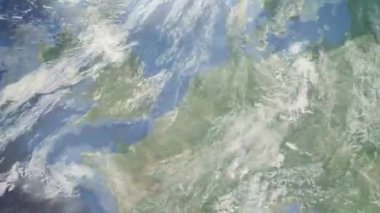 Dünyanın uzaydan şehire yakınlaşması. Üç boyutlu animasyon. Hollanda 'nın anlamsız şehrine yakınlaş. Video görüntülerini stokla. 4K