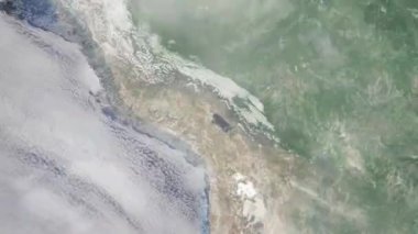 Dünyanın uzaydan şehire yakınlaşması. Üç boyutlu animasyon. Huljaka, Peru 'ya yakınlaş. Video görüntülerini stokla. 4K