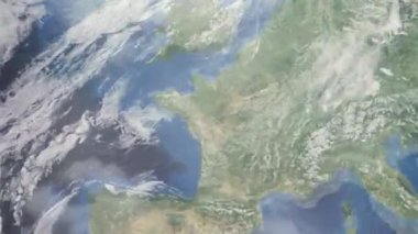 Dünyanın uzaydan şehire yakınlaşması. Üç boyutlu animasyon. Fransa 'nın Angers şehrine yakınlaş. Video görüntülerini stokla. 4K