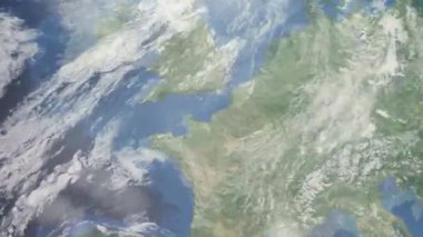 Dünyanın uzaydan şehire yakınlaşması. Üç boyutlu animasyon. Le Havre, Fransa 'ya yakınlaş. Video görüntülerini stokla. 4K
