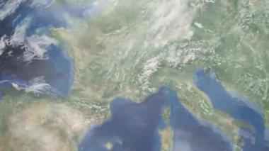 Dünyanın uzaydan şehire yakınlaşması. Üç boyutlu animasyon. Fransa 'nın Grenoble şehrine yakınlaş. Video görüntülerini stokla. 4K