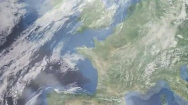 Dünyanın uzaydan şehire yakınlaşması. Üç boyutlu animasyon. Fransa 'nın Rennes şehrini yakınlaştır. Video görüntülerini stokla. 4K