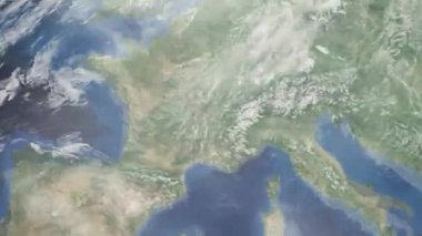 Dünyanın uzaydan şehire yakınlaşması. Üç boyutlu animasyon. Villerban, Fransa 'ya yakınlaş. Video görüntülerini stokla. 4K