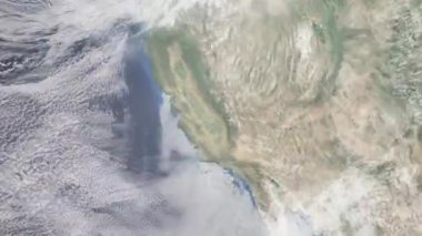 Dünyanın uzaydan şehire yakınlaşması. Üç boyutlu animasyon. Fresno, ABD 'ye yakınlaş. Video görüntülerini stokla. 4K