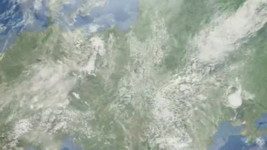 Dünyanın uzaydan şehire yakınlaşması. Üç boyutlu animasyon. Polonya 'nın Kielce şehrine yakınlaş. Video görüntülerini stokla. 4K