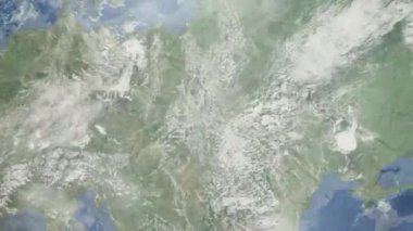 Dünyanın uzaydan şehire yakınlaşması. Üç boyutlu animasyon. Polonya 'nın Rzeszow şehrine yakınlaş. Video görüntülerini stokla. 4K