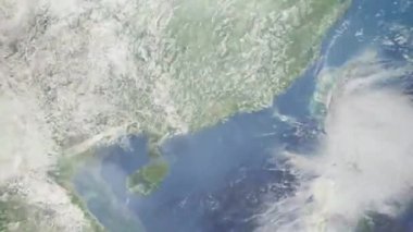 Dünyanın uzaydan şehire yakınlaşması. Üç boyutlu animasyon. Çin 'in Jiangmen şehrine yakınlaş. Video görüntülerini stokla. 4K